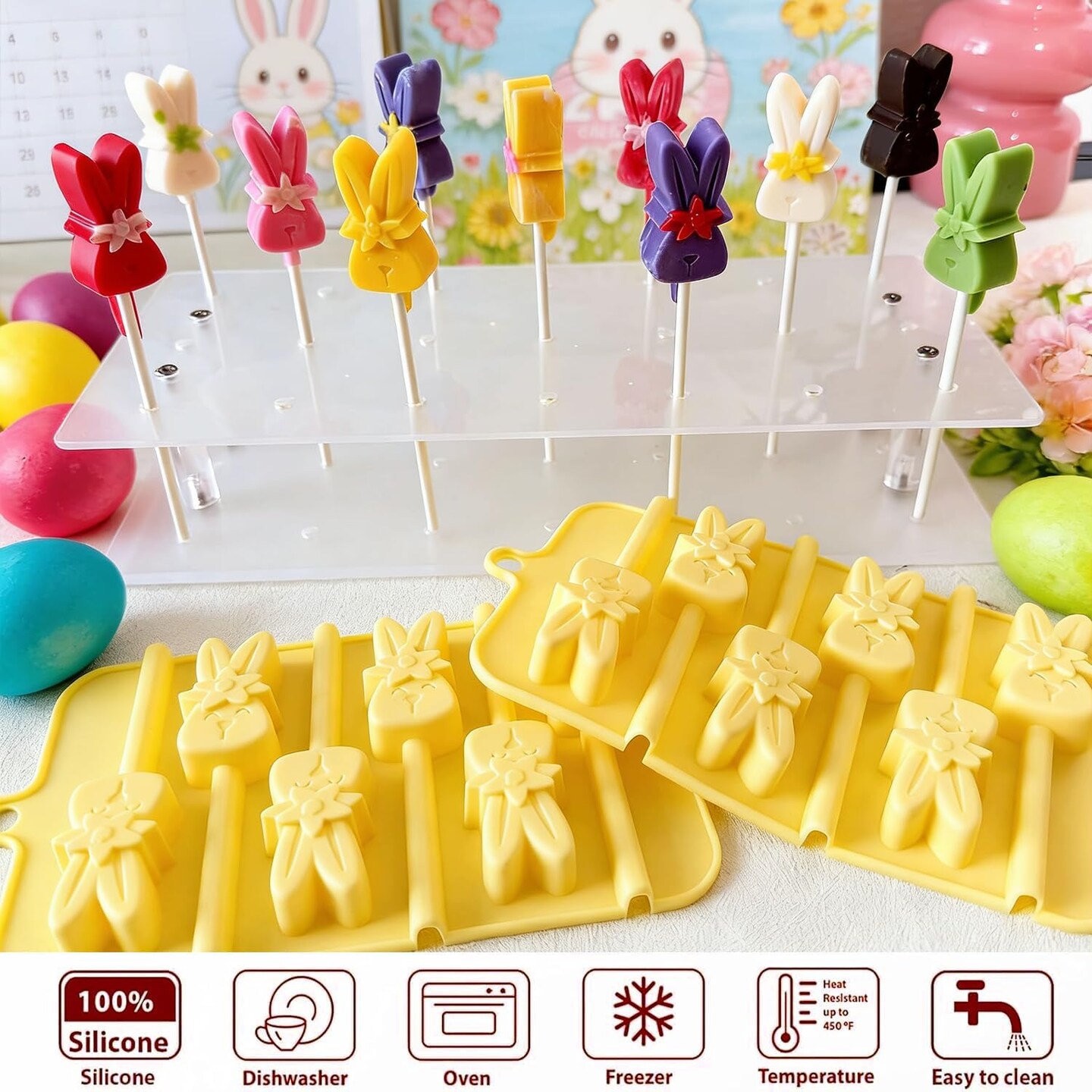 2-Pack Easter Bunny Lollipop Molds with 300 Sticks, Bags & Twist Ties – Silicone Candy & Cake Pop Molds for Chocolate, Hard Candy, DIY Easter Treats