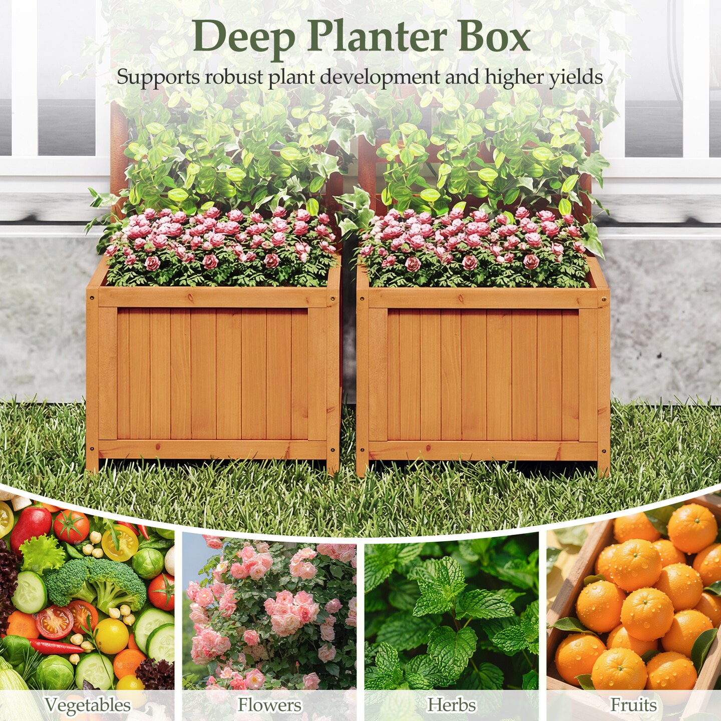 48" Wooden Raised Garden Planter Box with Trellis and Drainage
