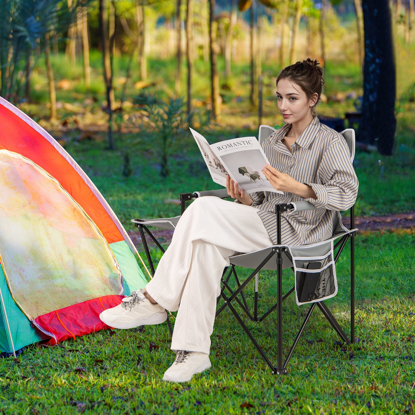 Foldable Camping Chair Oversized with Side Table Mesh Storage Pockets