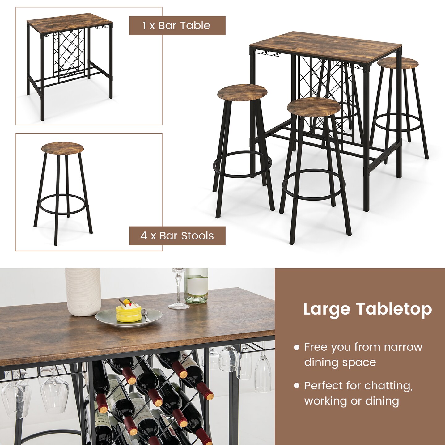 Bar Table Set 5-Piece with Stools, Wine Storage, and Glass Rack