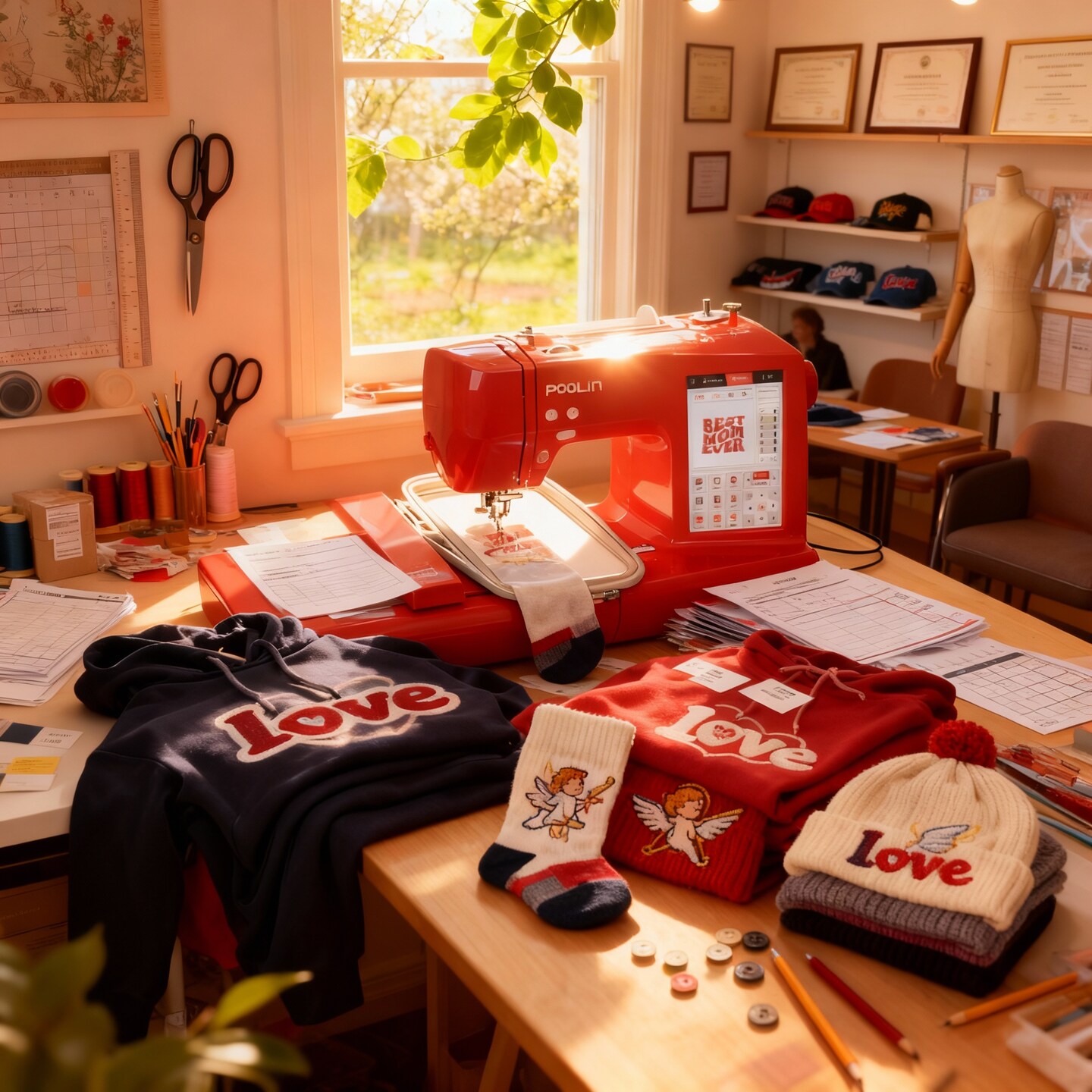 Creative Freedom Bundle – Official Poolin EOC05-RE Computerized Embroidery Machine + Richword Selected 40-Color Polyester Embroidery Thread Set, 9.2"x4" Large Area, 7" Touch Screen, WiFi, Software Available