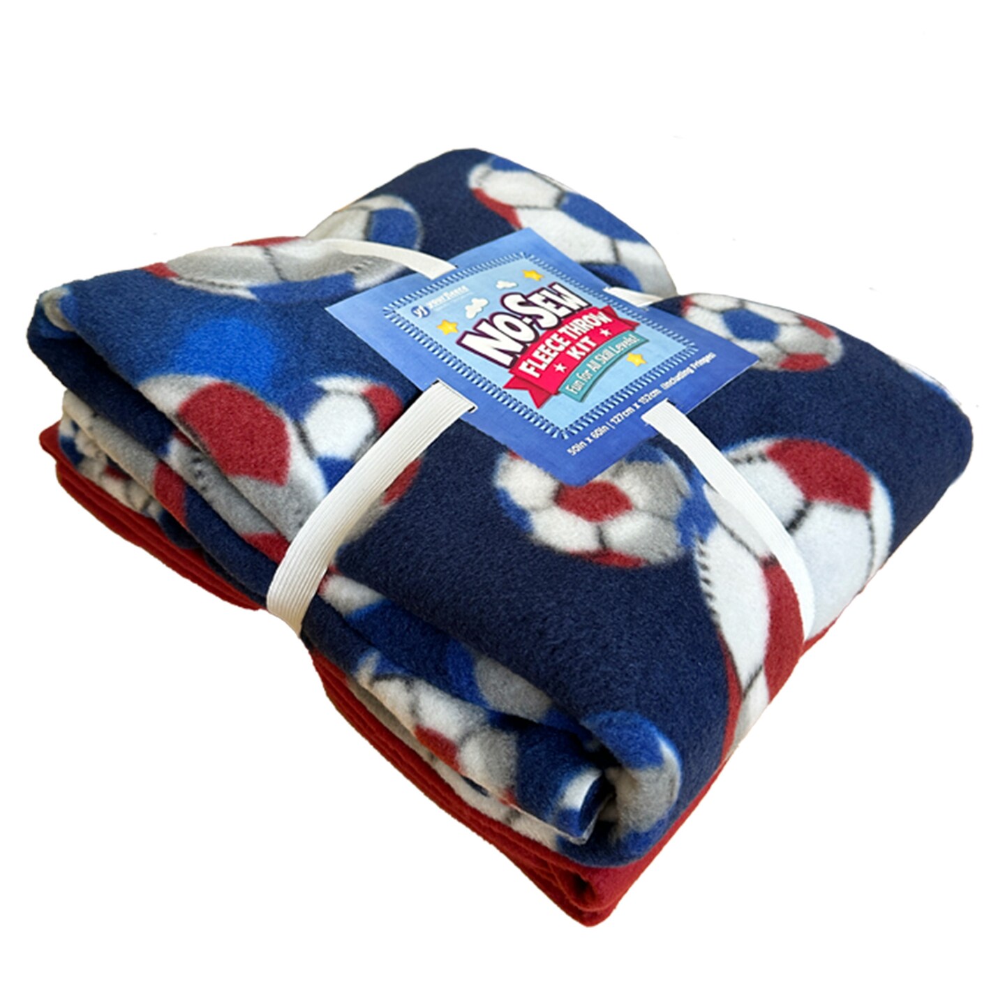Soccer Balls Navy Anti-Pill Premium No Sew Throw Fleece Fabric Kit (Red Backing)