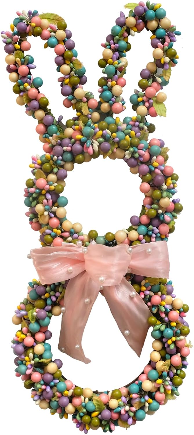 18-Inch Easter Bunny Berries Wreath – Front Door & Wall Decor with Twig Base, Ribbon Bow, and Spring Pastel Accents for Indoor & Outdoor