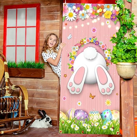 Easter Door Cover Happy Easter Decorations Easter Bunny Tail Banner Easter Egg Hunt Banner Welcome Spring Outdoor Indoor Backdrop for Easter Bunny Party Supplies 12
