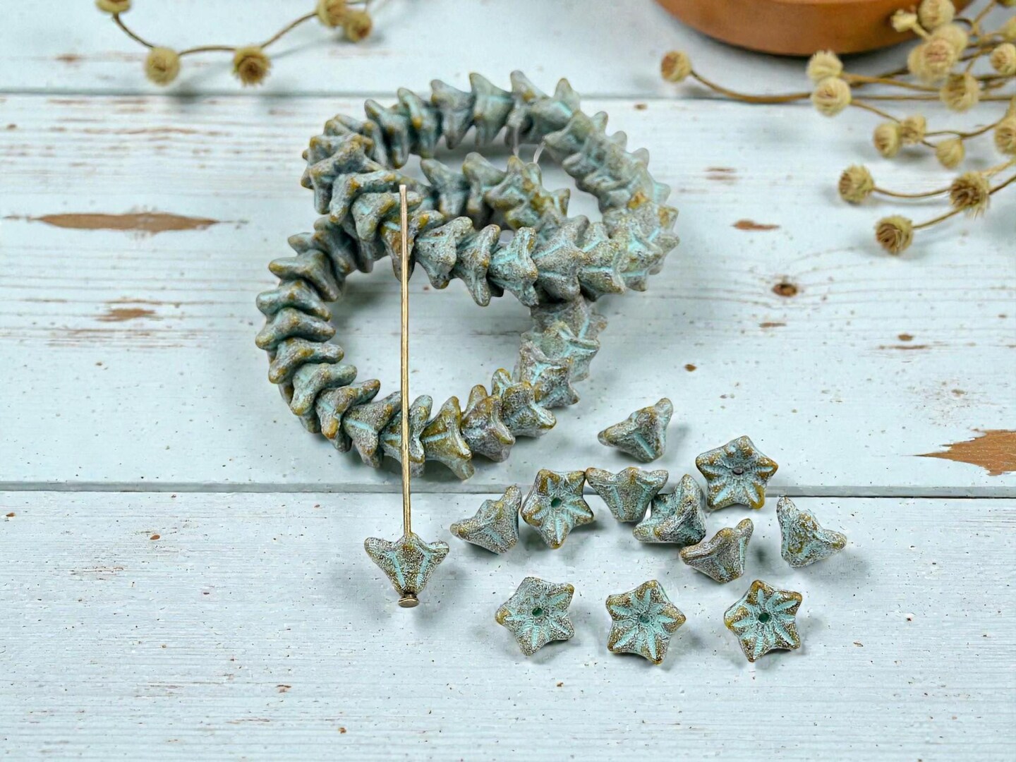 *25* 5x8mm Turquoise Washed Etched Tea Green Bell Flower Beads