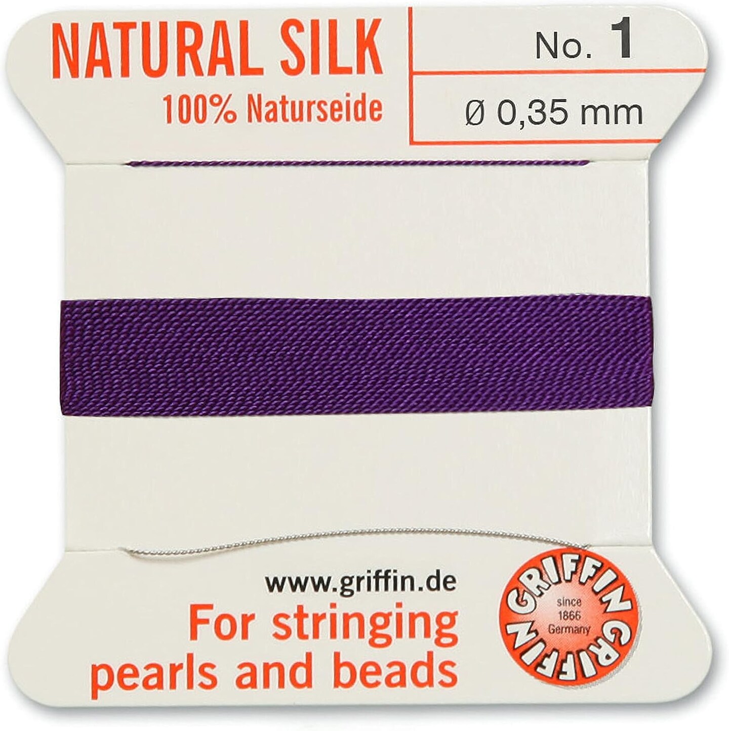 Griffin Silk Bead Cord Perlseide – Size 1 (0.35mm) – 2 Meters per Card – Stainless Steel Needle Attached – for Knotting Pearls, Gemstones, Crystals and Beads