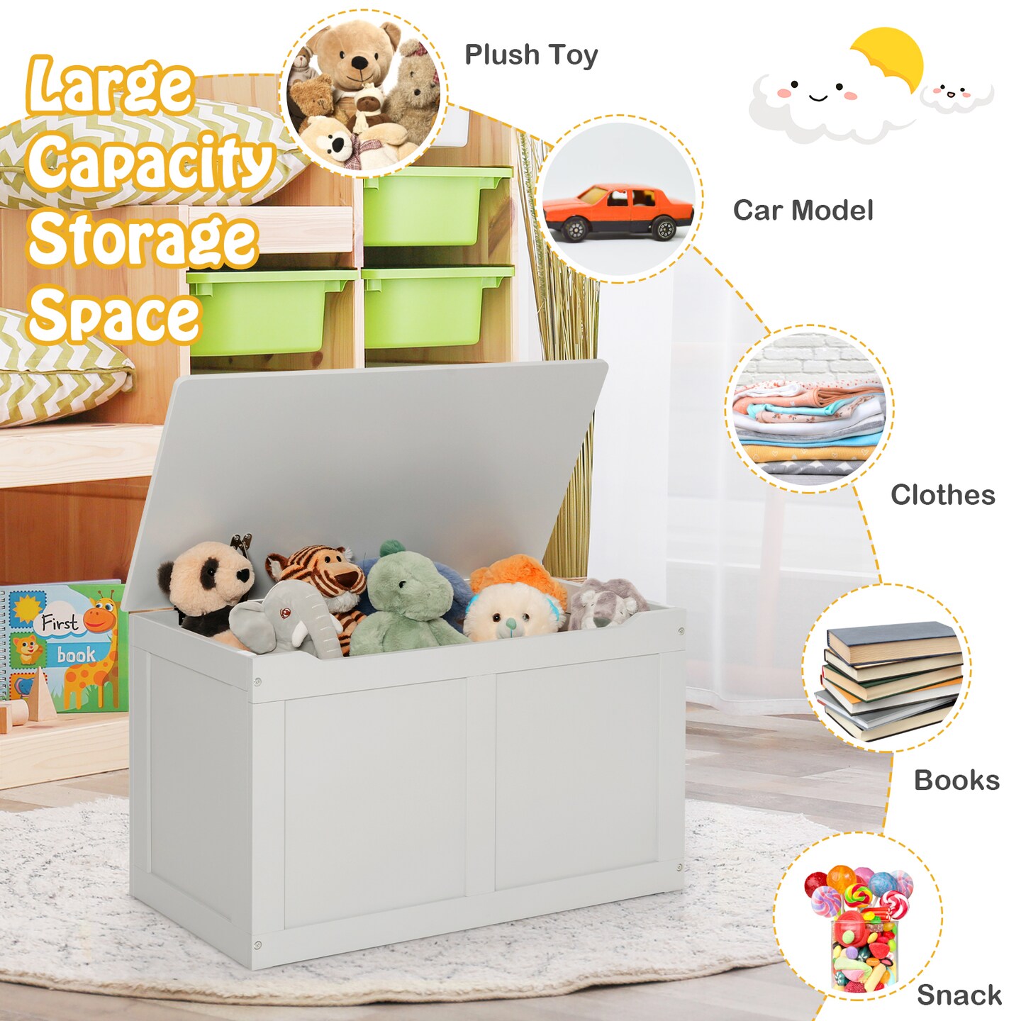 Gray Toy Box With Lid 2 in 1 Storage Chest And Seat MDF Poplar Wood