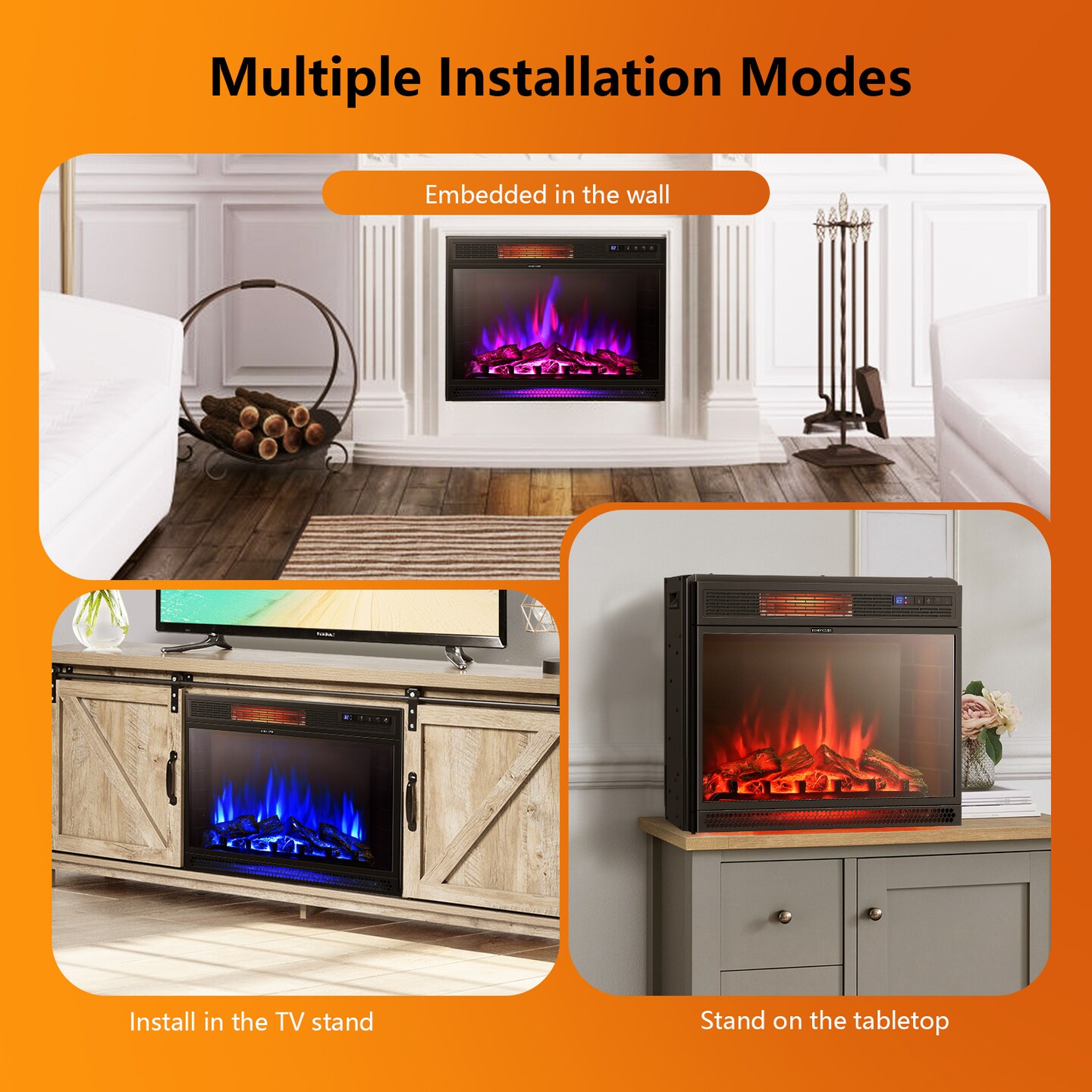 Black Electric Fireplace Heater 28 Inch Infrared 5000 BTU Realistic Flame Timer