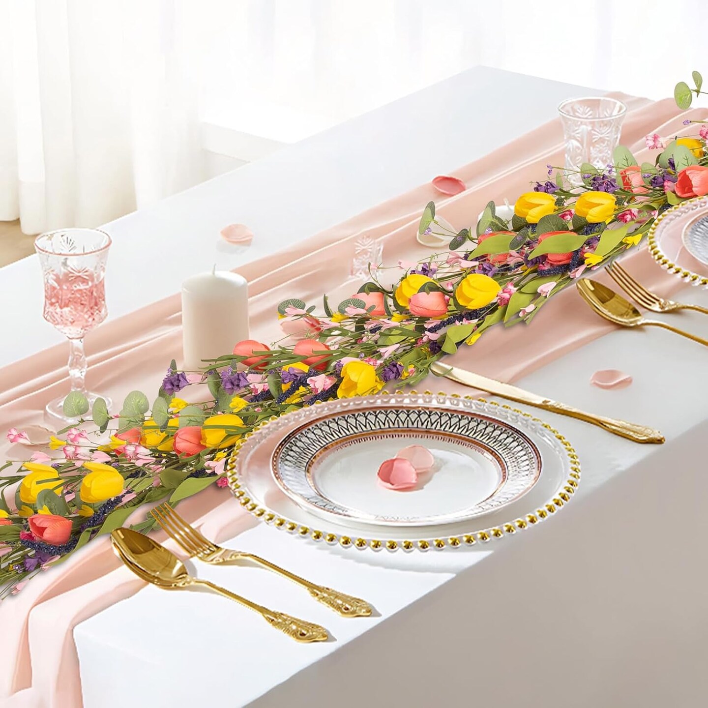 6FT Tulip and Eucalyptus Garland – Artificial Spring Floral Vine for Wedding, Home, Mantle, Staircase, Porch, and Indoor Decoration