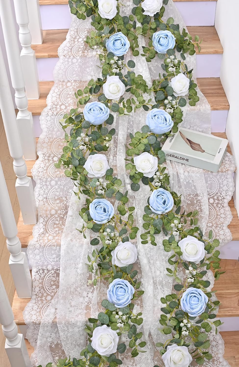6.07FT Artificial Eucalyptus Garland with Flowers, Fake Rose Gypsophila Floral Garland, Greenery Garland Floral Vines for Wedding Table Backdrop Party Centerpiece Room Decor (Blue)
