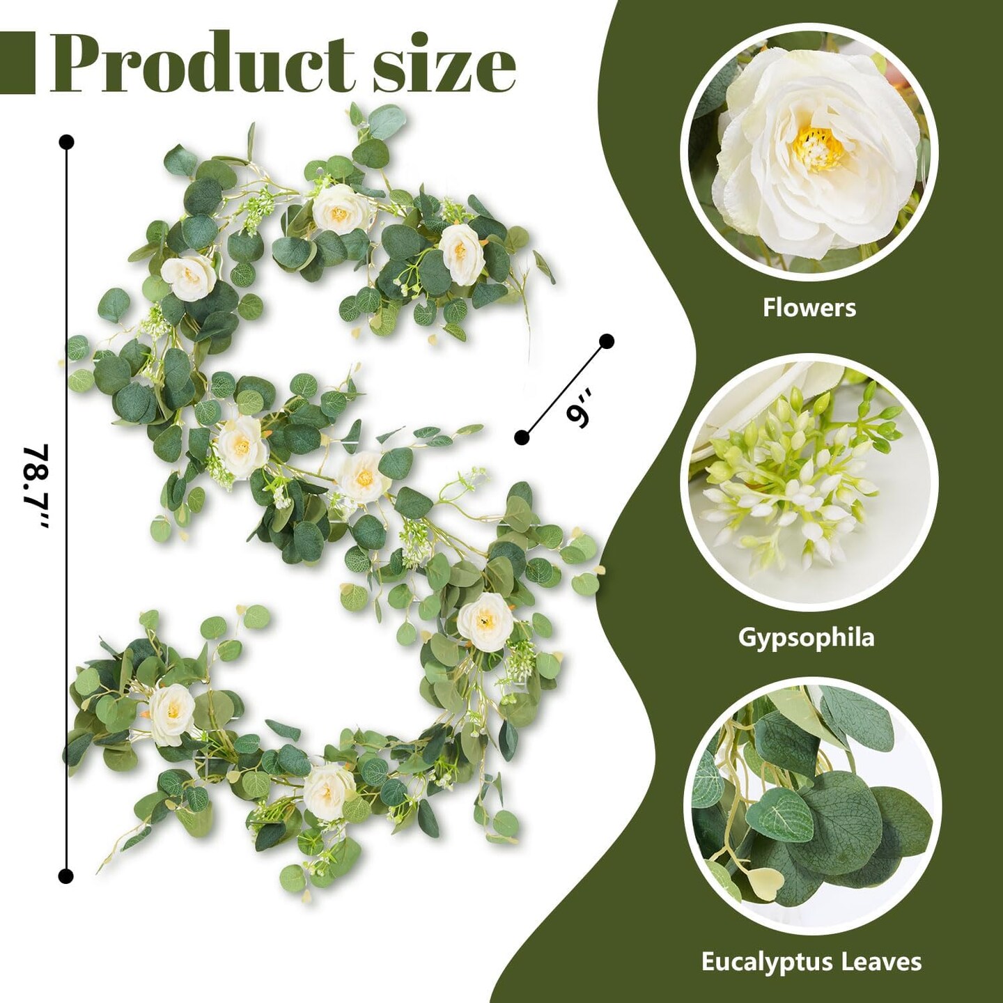6.56ft Artificial Eucalyptus Garland with Lights, White Rose Flowers Faux Floral Garland Greenery Garland, Rose Vine Gypsophila Eucalyptus Leaves Garland for Home Party Wedding Table D&#xE9;cor