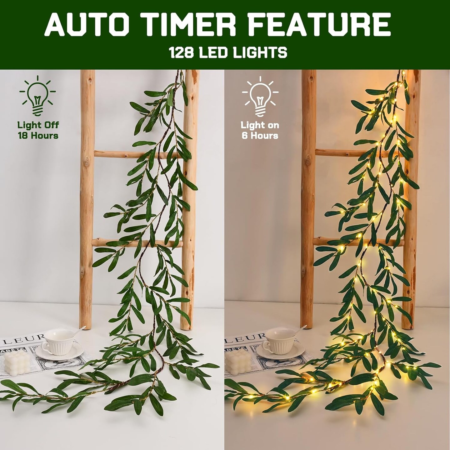 6 Ft Olive Garland with Lights, Pre-Lit Artificial Greenery Decor