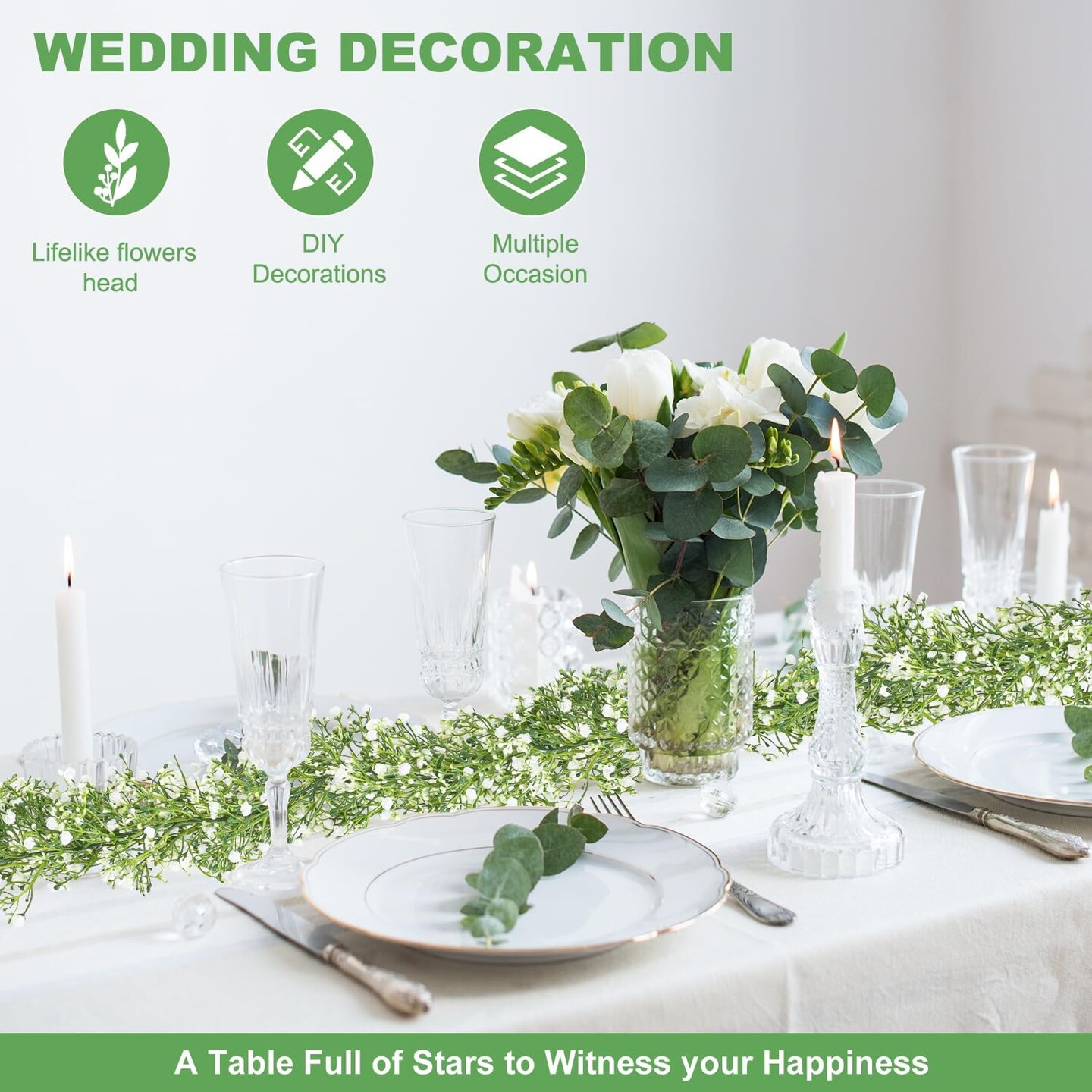 5.9ft Artificial Baby Breath Flower Vines,2 Pcs Real Touch Faux Hanging Baby Breath Garland,Fake Babys Breath Gypsophila for Wedding Arch Flowers