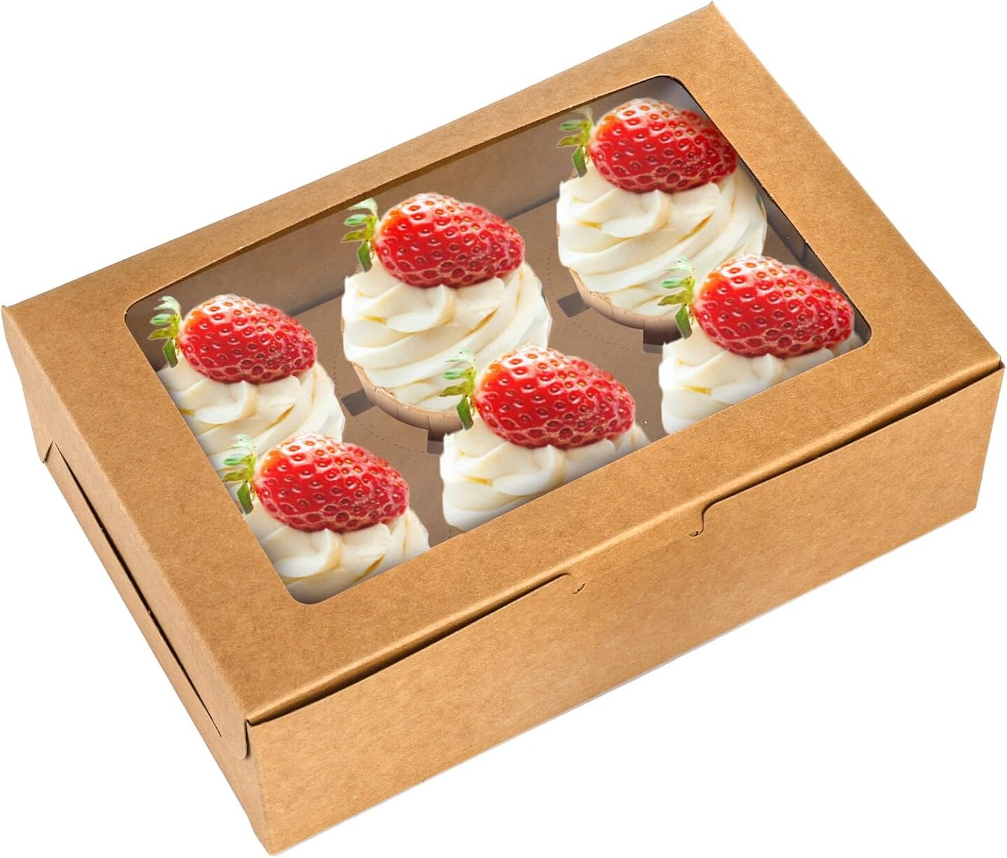 50 Pack Kraft Cupcake Box with Insert and Window Hold 6 Standard Cupcake, Food Grade Cupcake Carrier Container, Brown Bakery Box for Pastry, Cookies, Small Cake, Desserts Treat.