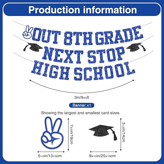 8th Grade Graduation Decorations 2026, Blue Glitter "Out 8th Grade Next Stop High School" Banner & 12Pcs Hanging Swirls, Pre-Strung Middle School Graduation Party Supplies (No-DIY)