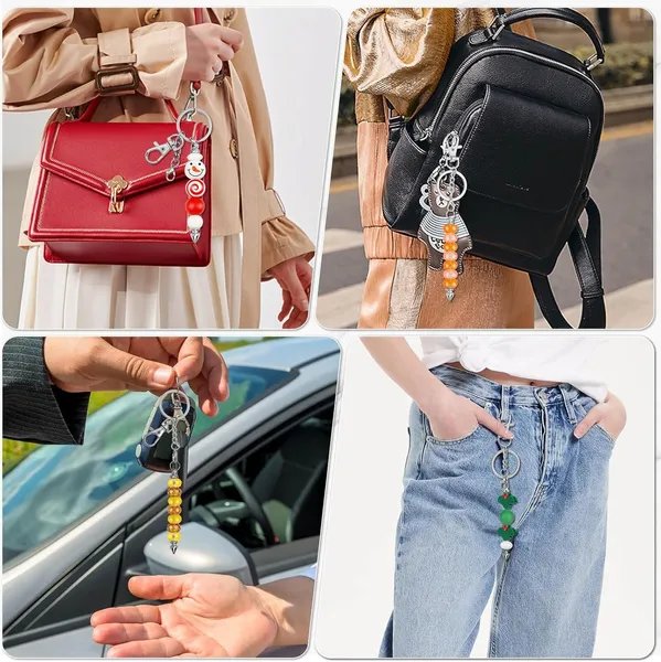 60 PCS Beadable Keychain Bar Bulk – Silver DIY Beaded Keychain Blanks with Cards & Bags for Crafting & Personalized Gifts