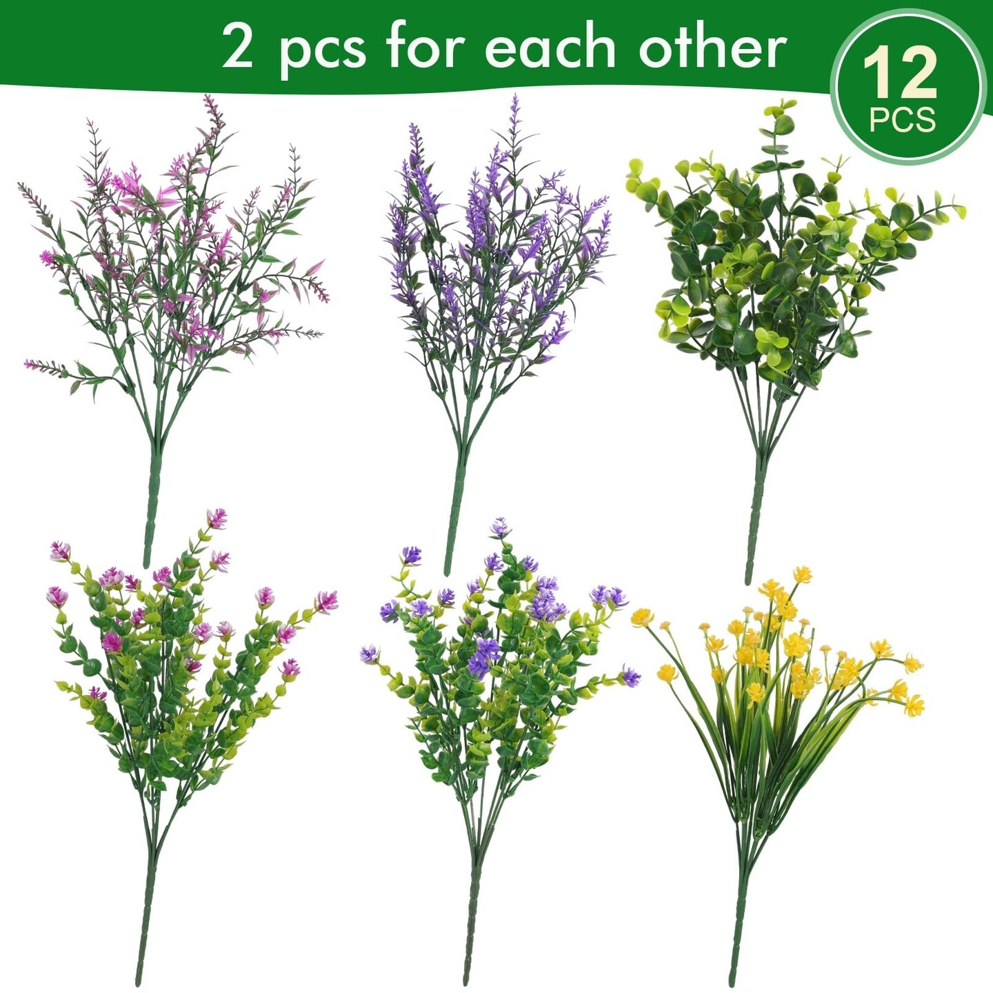 12 Pcs Artificial Flowers Outdoor, Faux Artificial Plants UV Resistant Plastic Flower Bulk for Hanging Planter Porch Window Home Wedding Fall Summer Decor (12, Fuchsia, Purple, Yellow, Green)