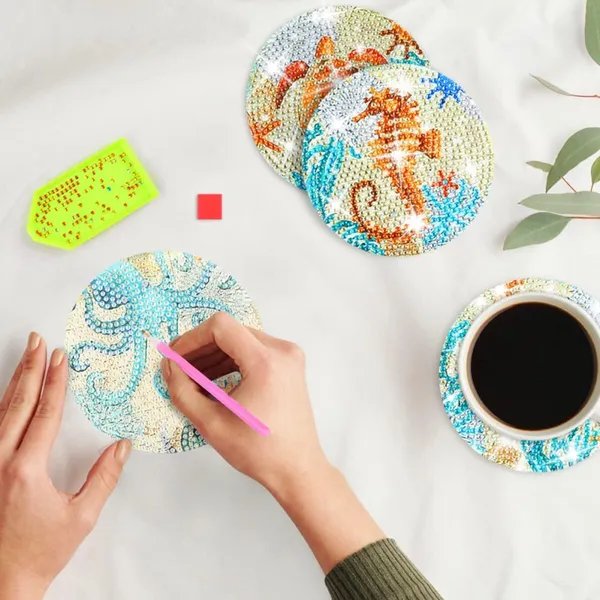 16PCS Rhinestones Diamond Painting Coasters with Holder – DIY Marine Animal Craft Coasters with Cork Base for Adults & Beginners