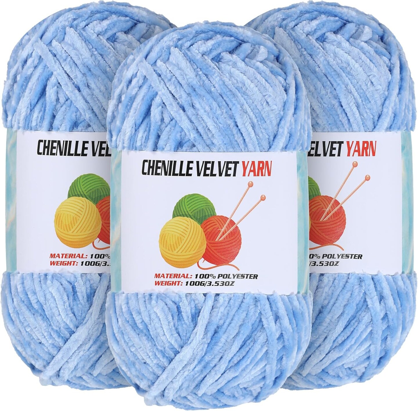 131 Yards - 3 pcs Velvet Chenille Chunky Yarn for Crocheting(Blue)