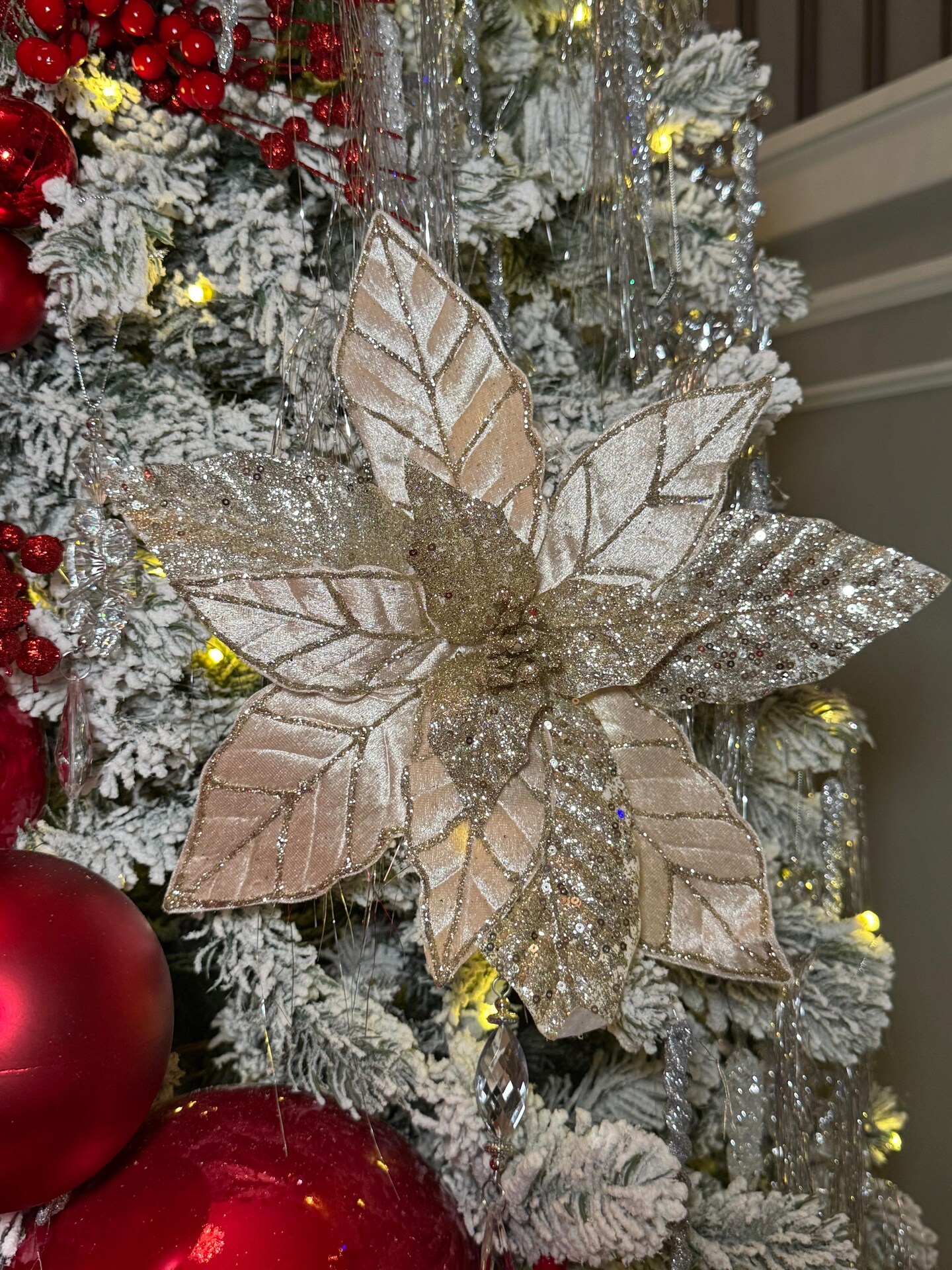 Champagne Glittered Poinsettia Christmas Flower Stem Spray 13&#x27;&#x27; Set of 3