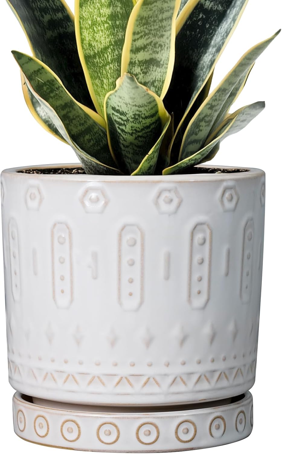6 Inch Ceramic Planter with Drainage Holes and Saucer (White)