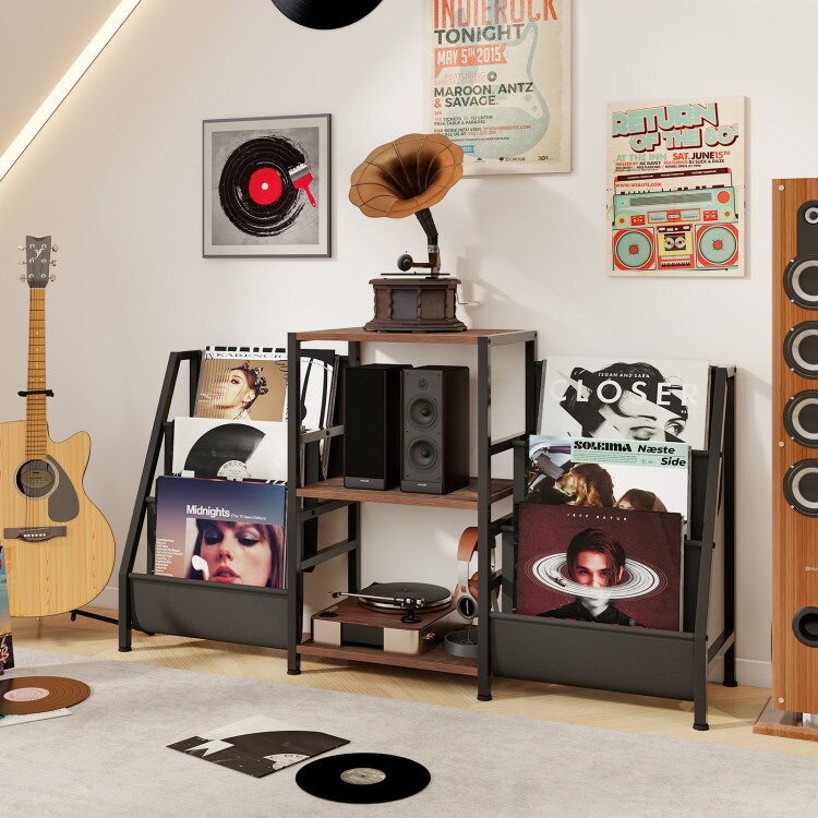 Wooden Record Player Stand with 3 Shelves, Turntable Display for up to 200 Albums, Compact Storage Solution