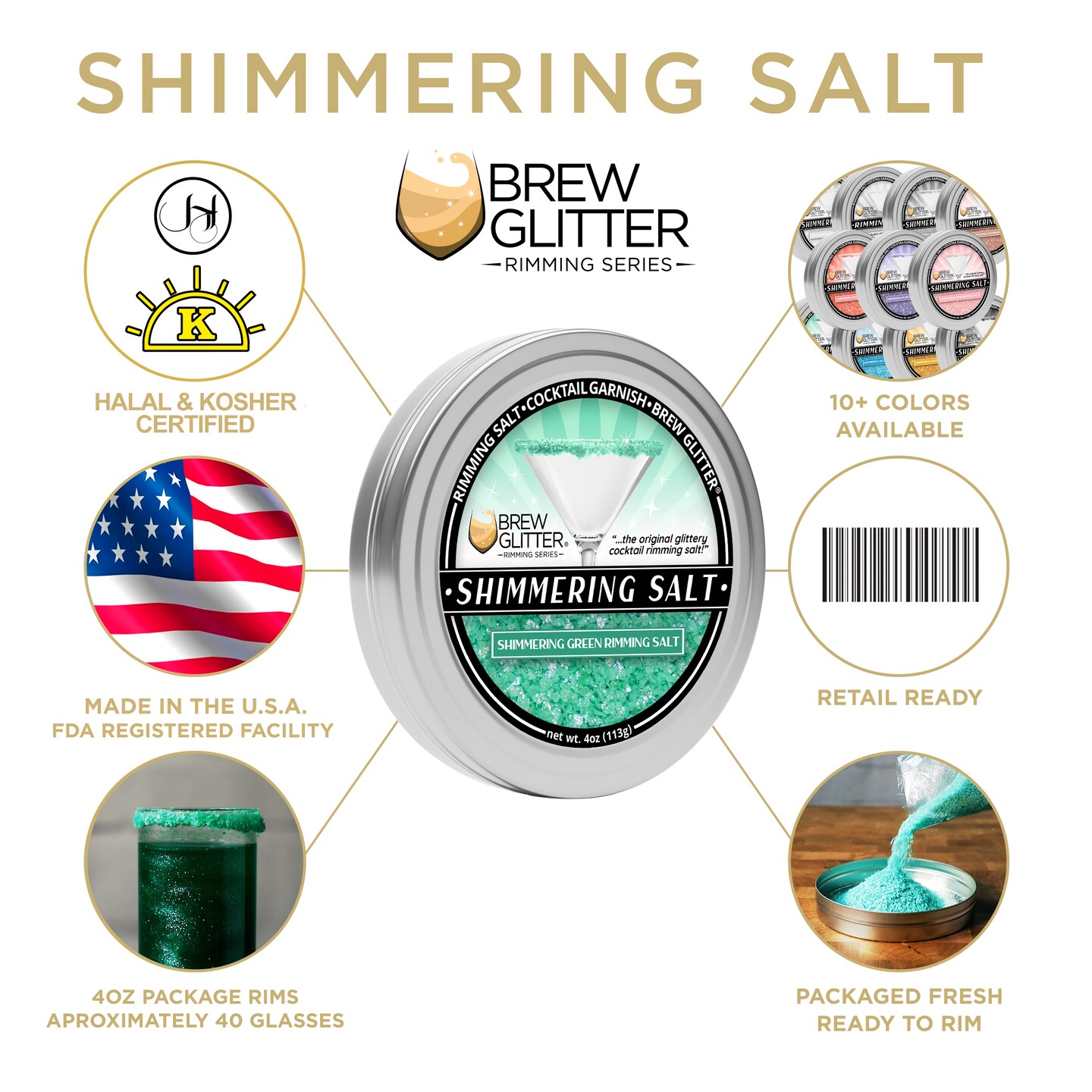 Brew Glitter - Shimmering Green Rimming Salt (4oz, 1x Bar Tin) Edible Glitter Blended Cocktail Garnish for Mixed Drinks and Beverages