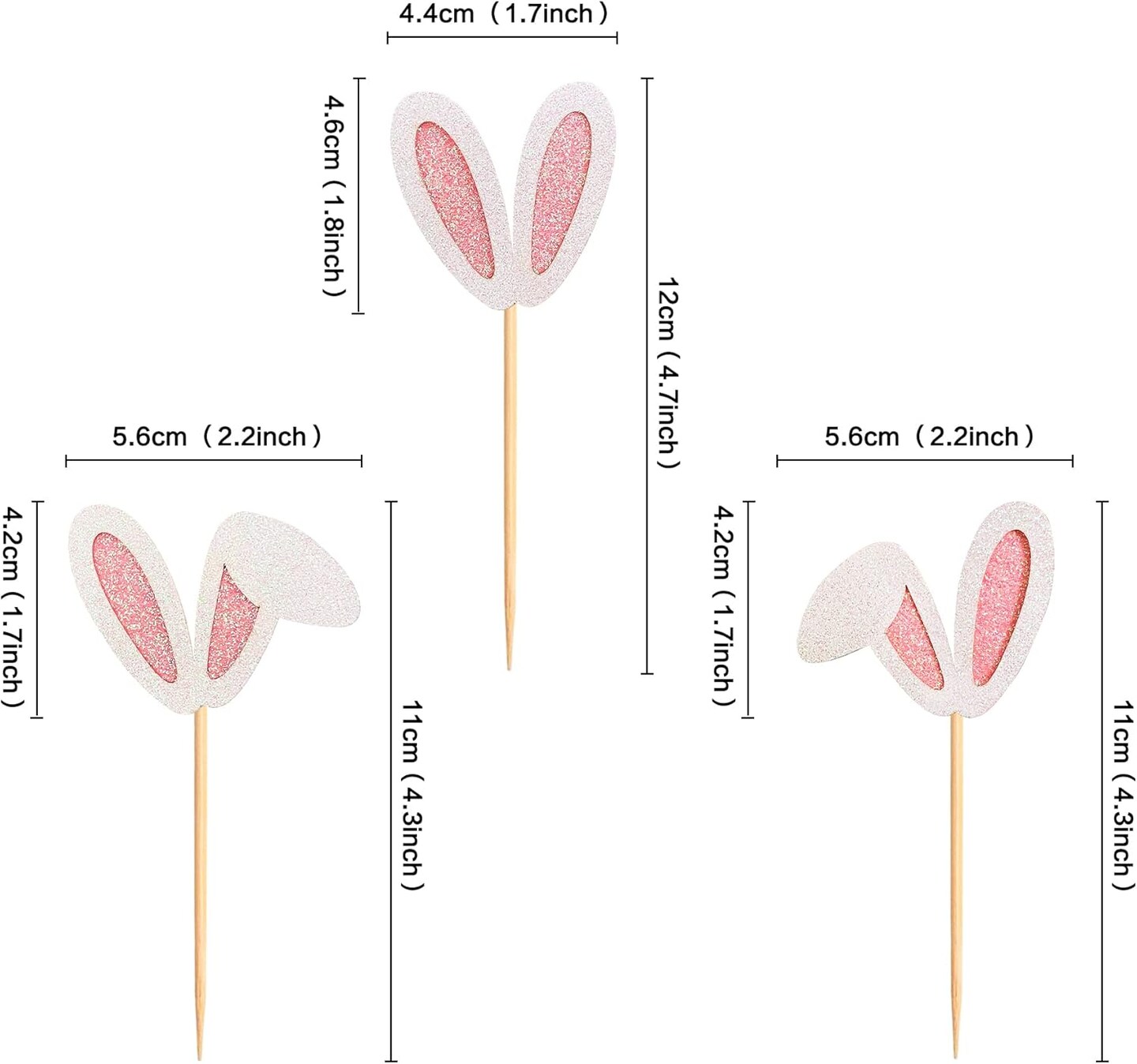 24 Pack Easter Bunny Ear Cupcake Toppers, Glitter Rabbit Ears Cupcake Picks, Easter Day Cake Toppers for Easter Theme Spring Birthday Baby Shower Party Supplies