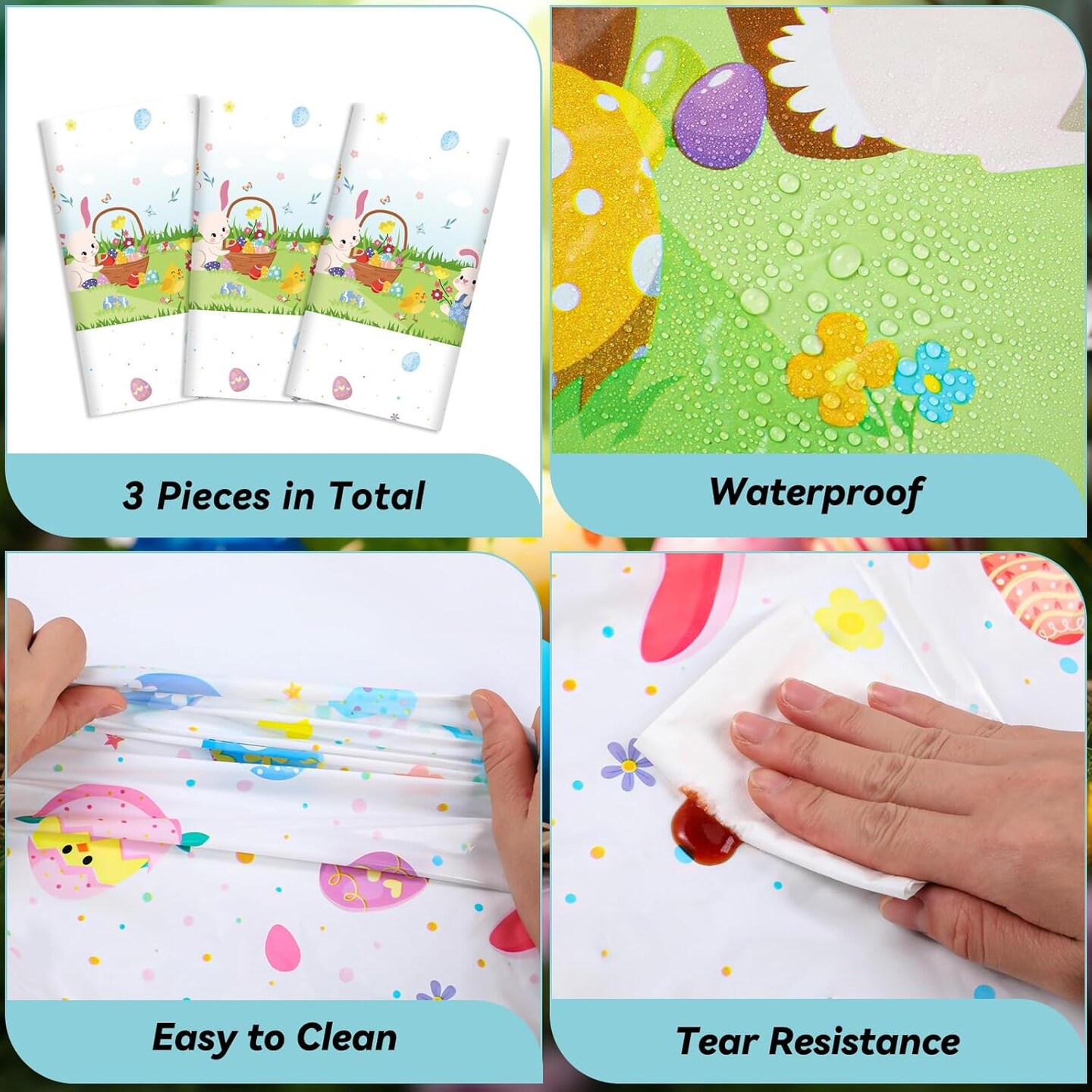3 Pcs Easter Tablecloth 54 x 108 Inch Spring Easter Table Cover Disposable Plastic Tablecloths Rectangle Table Cloth for Indoor Outdoor Birthday Baby Shower Party Supplies(Bunny, Egg)