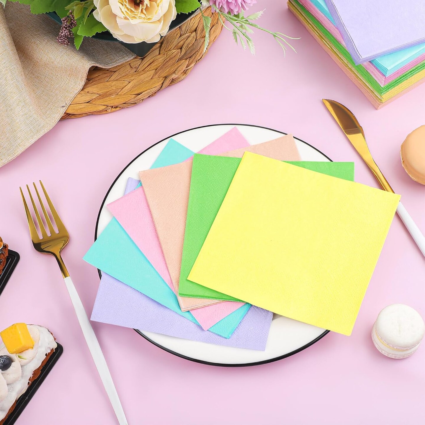120 Pieces Cocktail Napkin Pastel Rainbow Paper Napkins Beverage Luncheon Paper Napkins 2 Ply for Party Favors, 6 Colors