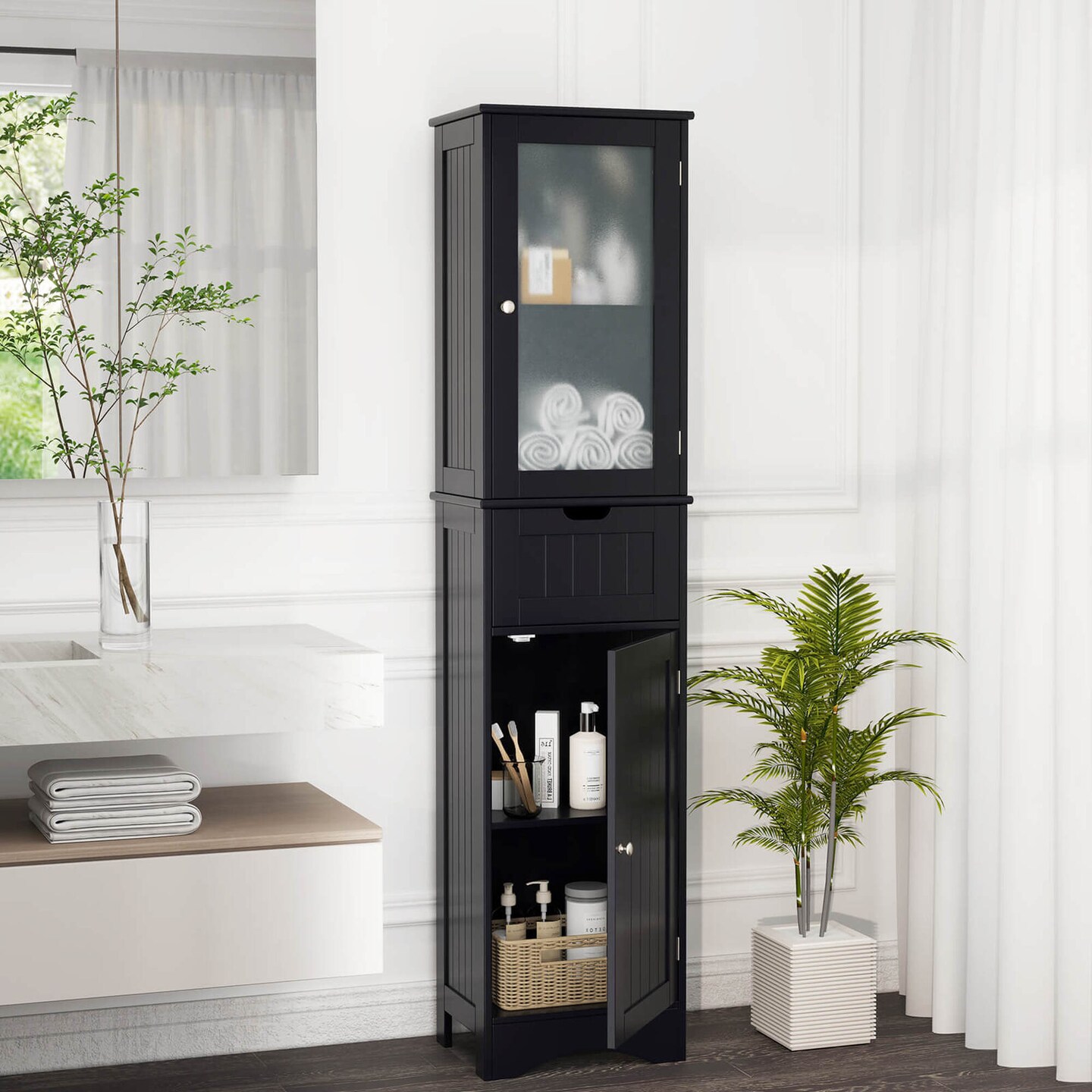 Costway Bathroom Tall Cabinet Freestanding Linen Tower with Doors & Drawer Black/Grey/White