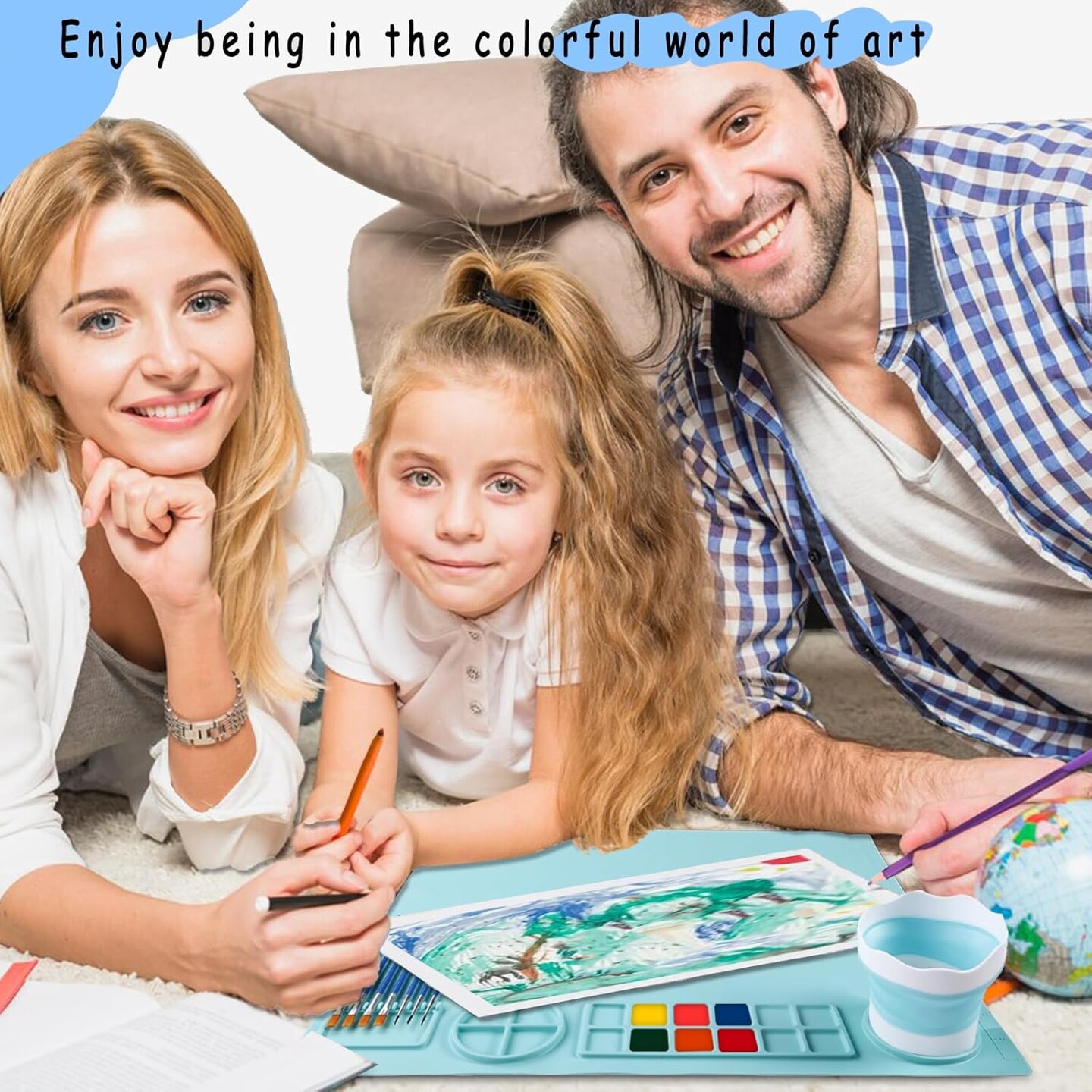 Silicone Craft Mat 20X16 Inch Large Silicone Art mat with Detachable Cup Painting Mat with 10 Painting Brushes Silicone Drawing Mat Sheets for Kids Adult DIY Accessories (Blue)