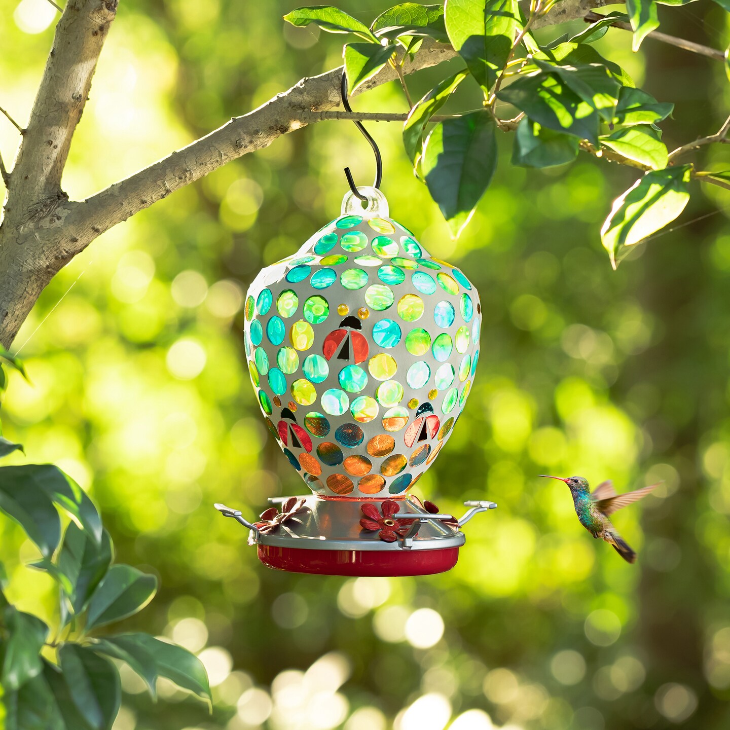 8.25"H Glass Hanging Blue/Green Dots & Ladybugs Mosaic Birdfeeder