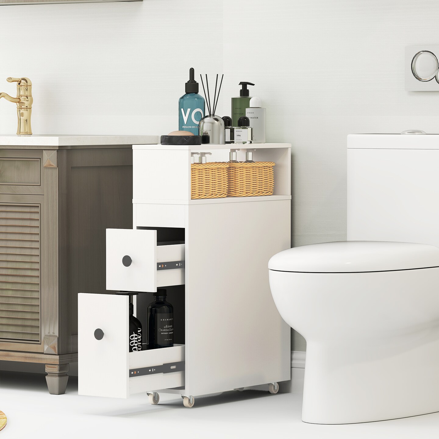 Costway Movable Bathroom Storage Cabinet Narrow Toilet Side Paper Holder w/ 2 Drawers