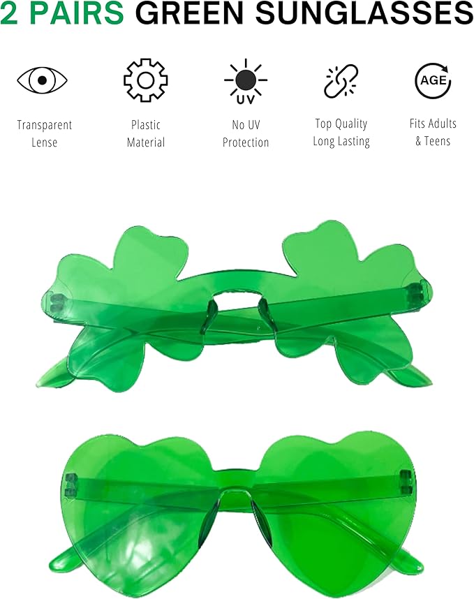 4E&#x27;s Novelty Set of 2 Green Sunglasses for Adults, Shamrock &#x26; Heart Shaped, St Patricks Day Glasses for Women &#x26; Men Party Outfit Accessories
