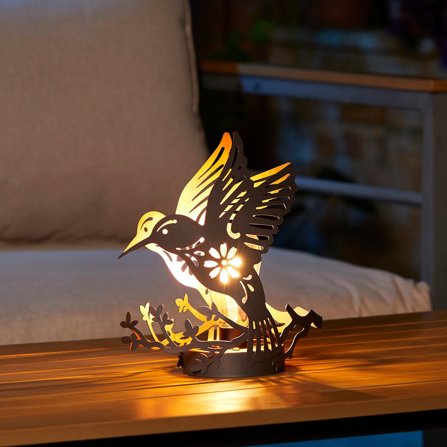 (Set of 2)9.75&#x22;H Black and Gold Metal Cutout Flying Hummingbird Silhouette Solar Powered Edison Bulb Outdoor Lantern