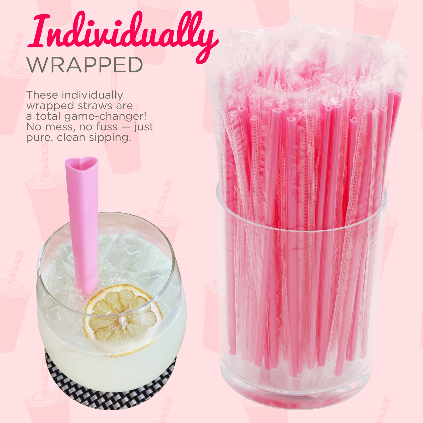 4E&#x27;s Novelty 100 Pink Heart Straws - Individually Wrapped Heart Shaped Straws for Valentine&#x2019;s Day, Cute Disposable Straws for Parties &#x26; Drinks