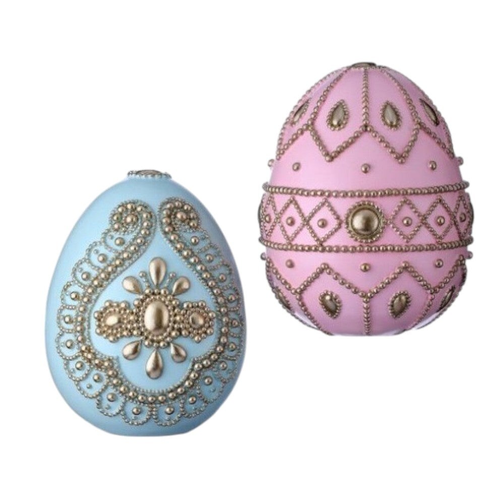 8" Handcrafted Jeweled Easter Egg Figurine Set – Pink & Blue Ornate Spring Decor