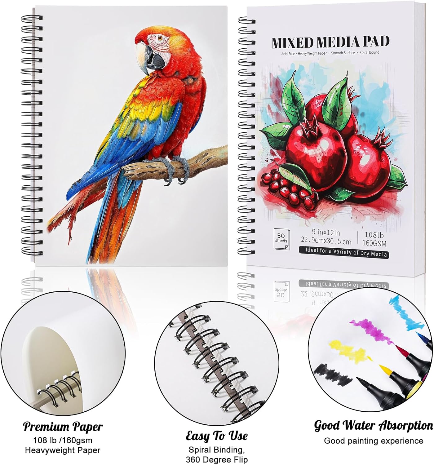 Mixed Media Sketchbook, 9x12 inch Drawing Paper Sketch Book, 108lb/160gsm Heavyweight Spiral Bound Sketch Pads, Suitable for Dry Media, Drawing, Painting, Sketching(50 Sheets)