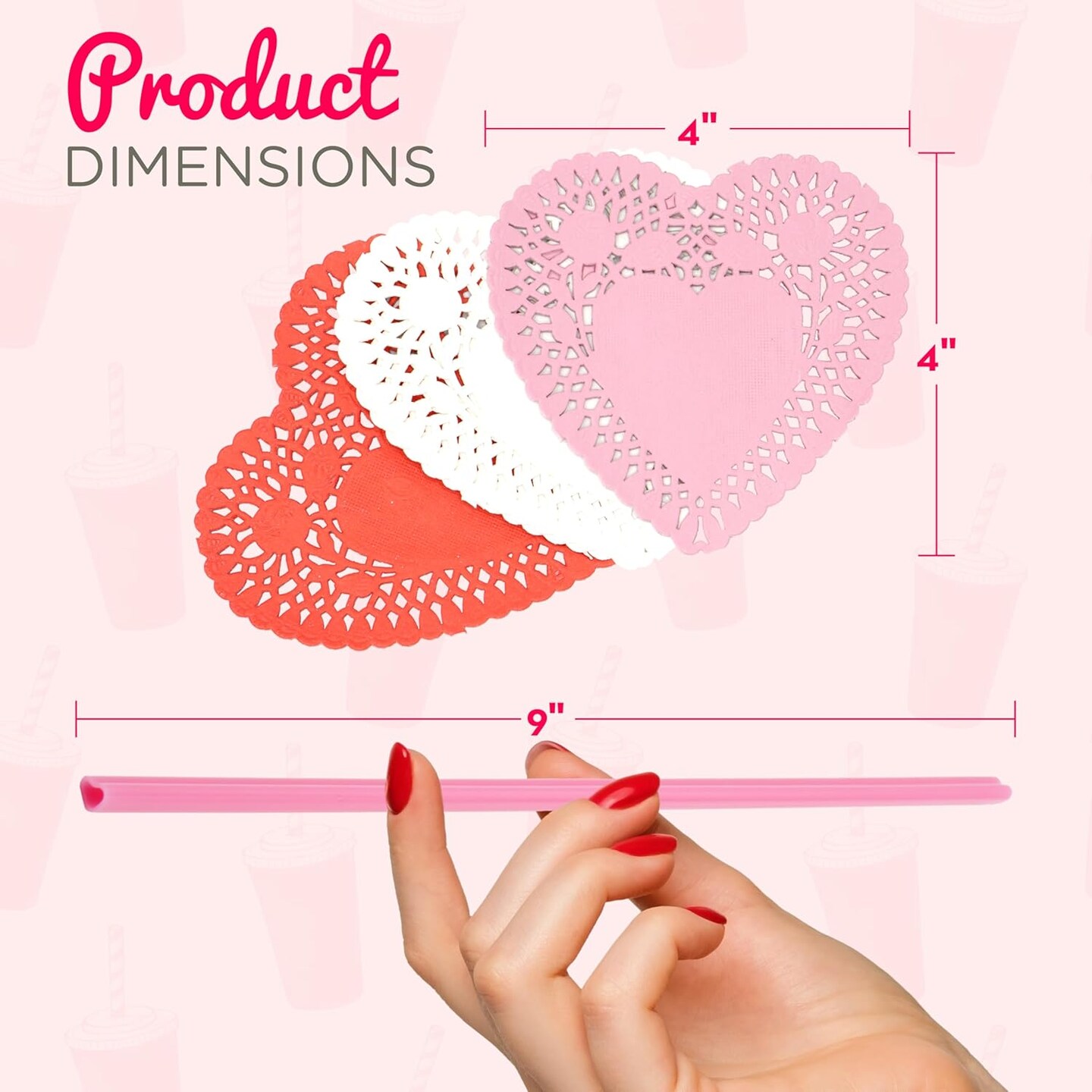 4E&#x27;s Novelty 50 Pcs Pink Heart Shaped Straws &#x26; Doilies
