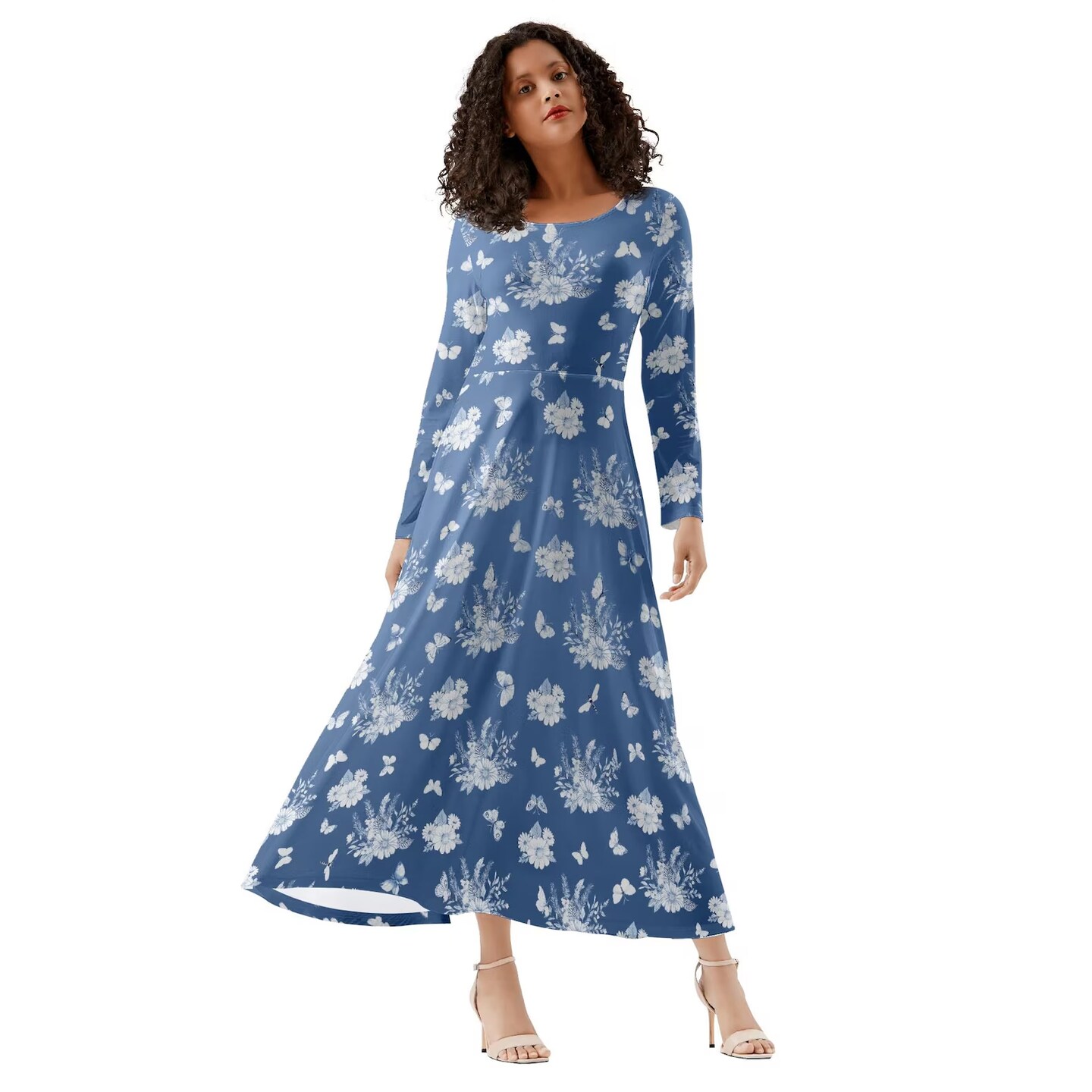 product name is Summer Flowers Women's Long Dress - Medium Blue - Long sleeves - Soft, lightweight and stretchy Fabric - Flowing Skirt