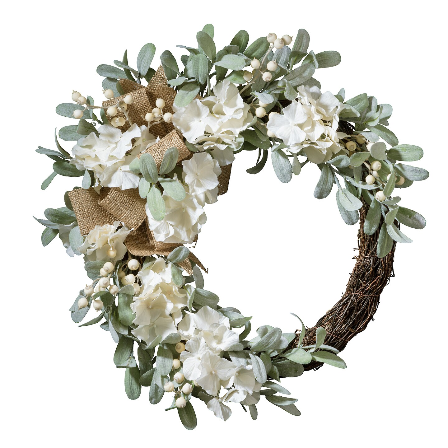 Haute Decor Grapevine Hydrangea Wreath with White Berries, Lamb&#x27;s Ear &#x26; Burlap Bow - Neutral Summer Wreath for Front Door Decor