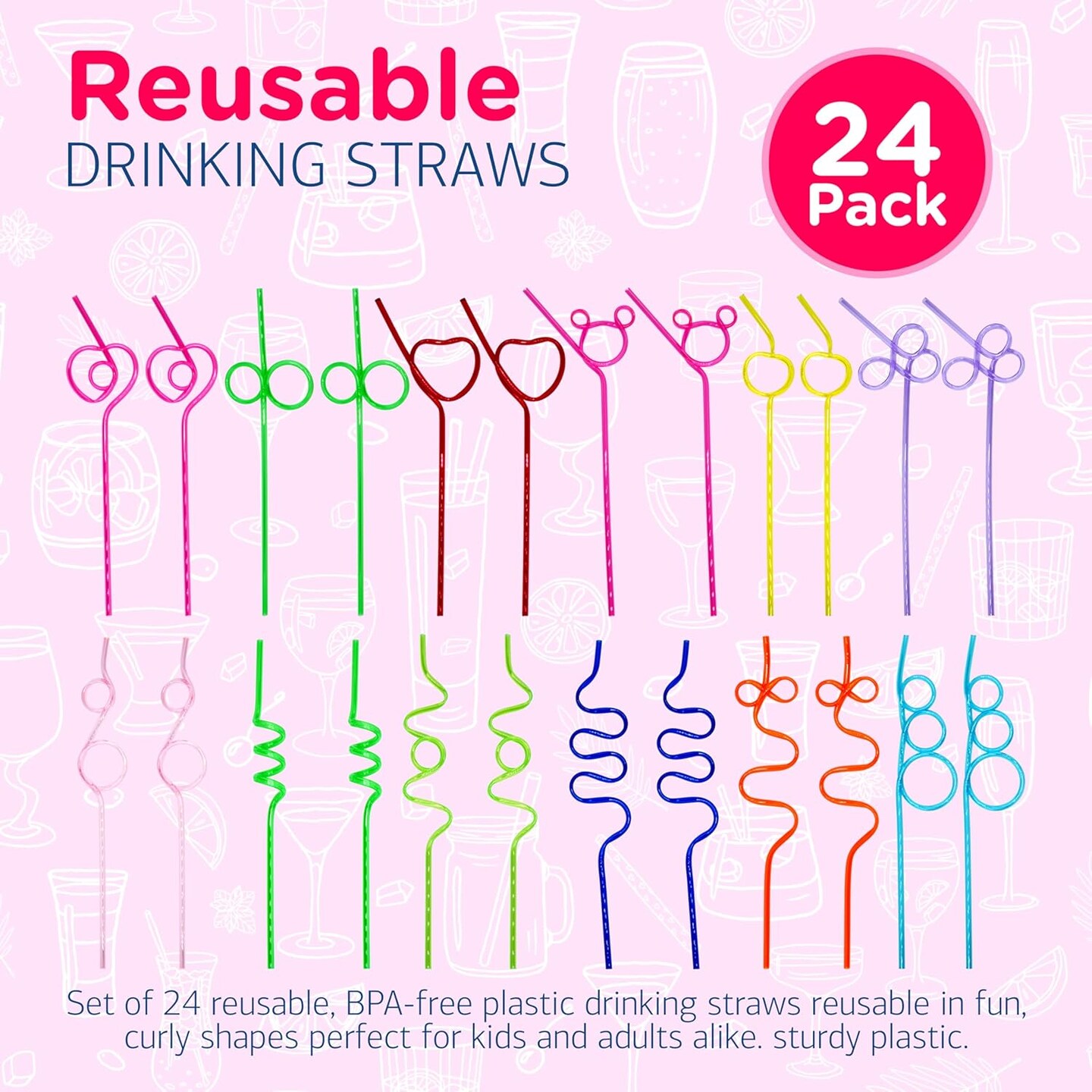 4E's Novelty 24 Pcs Reusable Twisty Straws for Kids & Adults - 10" BPA Free Holiday Crazy Straws for Birthday Party Favors & Valentines Day Gifts