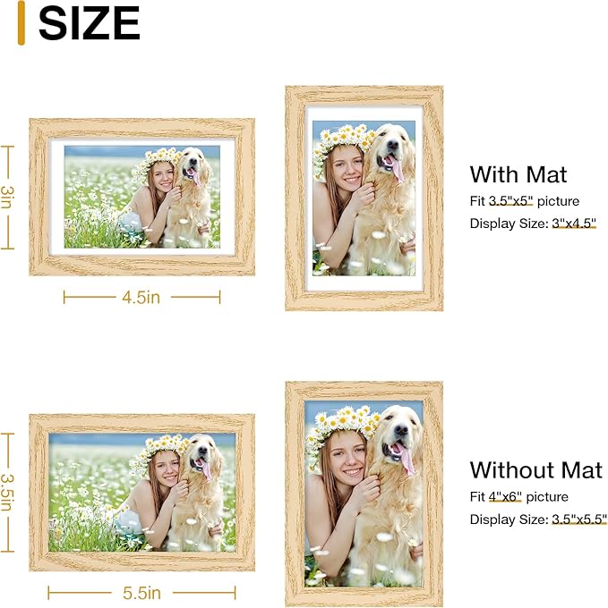 4x6 Picture Frame Set of 10, Display Photos 3.5x5 with Mat or 4x6 Unmatted for Picture Frames Collage Wall Decor, Natural