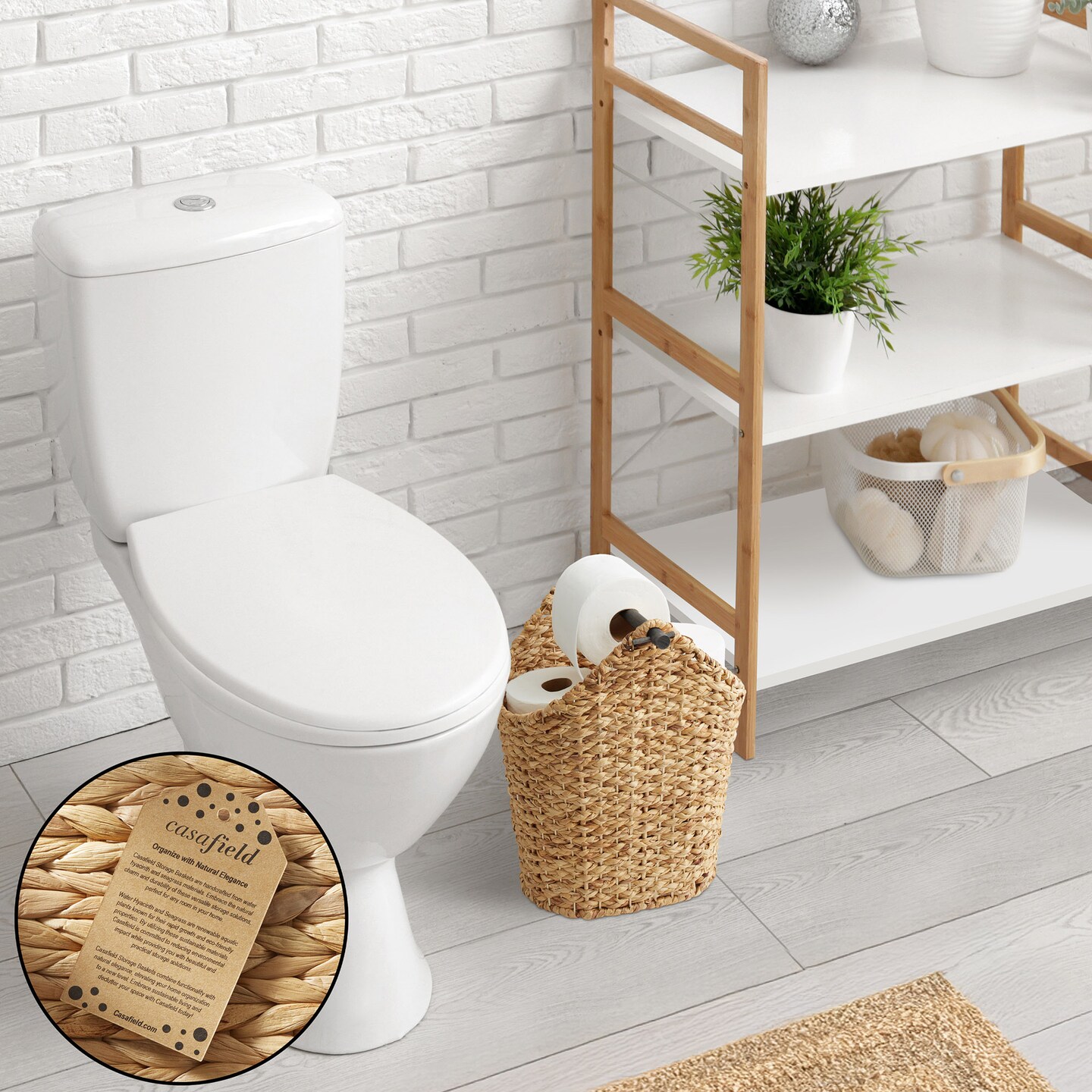 Casafield Toilet Paper Storage Basket with Wood Roll Holder Bar, Braided Water Hyacinth Wicker Bathroom Tissue Storage Organizer