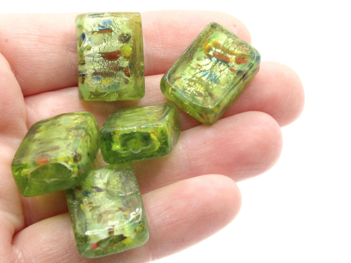 5 20mm Green Speckled Flat Rectangle Lampwork Glass Beads