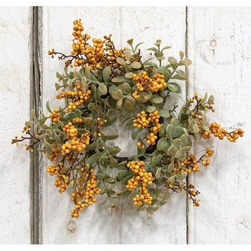3&#x22; Mustard Pebble Creek Candle Ring with Foam Berries and Green Plastic Leaves
