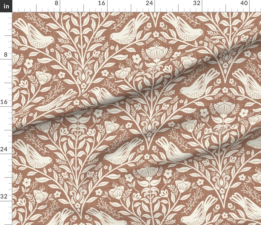 Whimsical Cottagecore Botanical Birds Crosshatch Floral Leaves Foliage Traditional Flowers Garden Brown Neutral Monochromatic Cozy Home Folk Custom Printed Fabric by Spoonflower Various Fabrics by the Yard or Fat Quarter