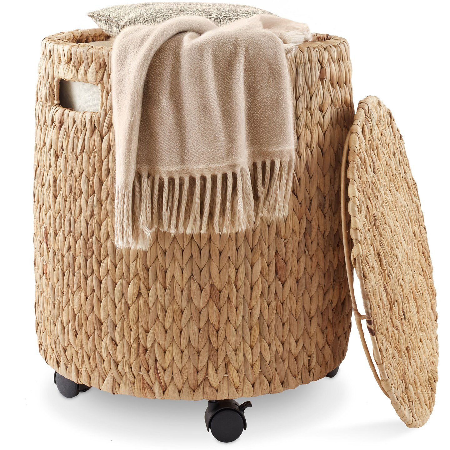 Casafield Round Rolling Storage Basket with Lid, Handwoven Water Hyacinth Rolling Hamper Storage Bin on Wheels for Living Room, Bedroom, Bathroom, Laundry