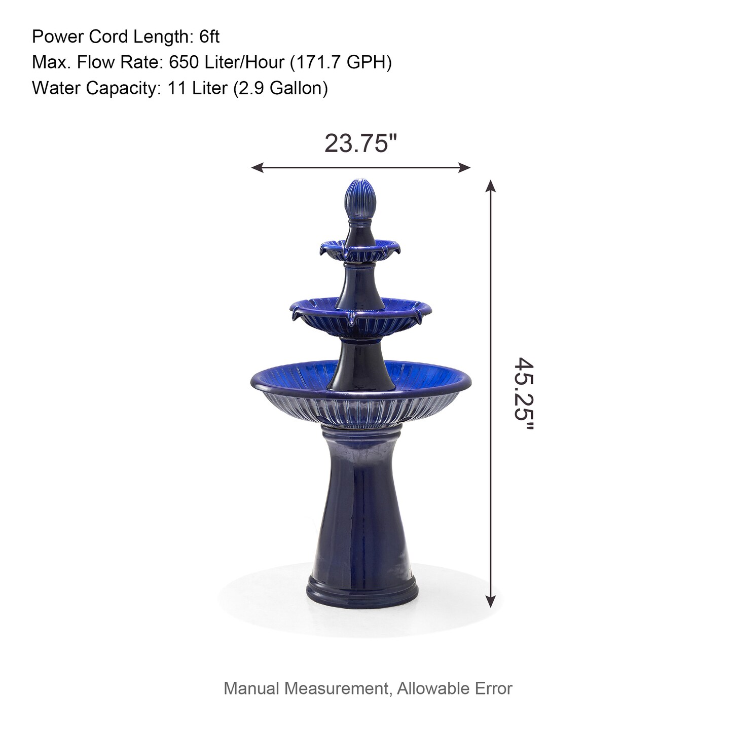 45.25" Oversized 3-Tier Pedestal Ceramic Outdoor Fountain with LED Light, Includes Pump, Multiple Colors